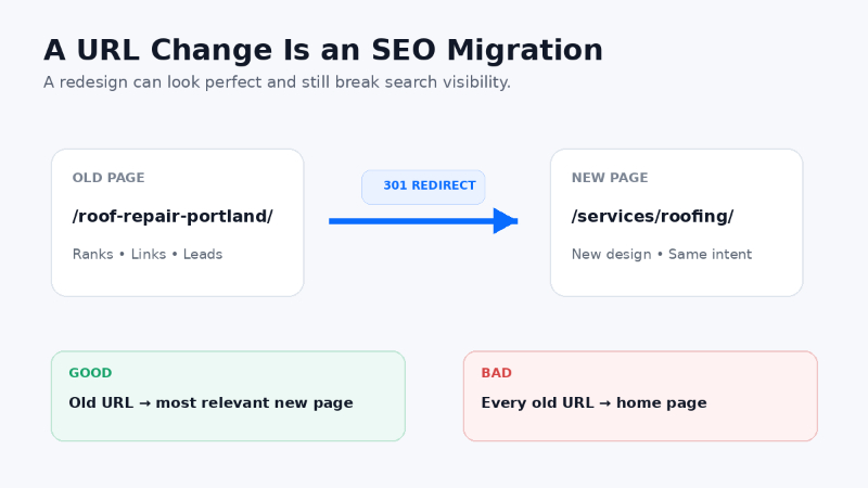SEO website migration diagram showing an old URL redirected to the most relevant new page